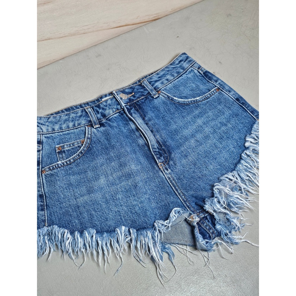 Topshop Moto Kiri Denim Shorts Blue High Rise Frayed Raw Hem Womens Size 8